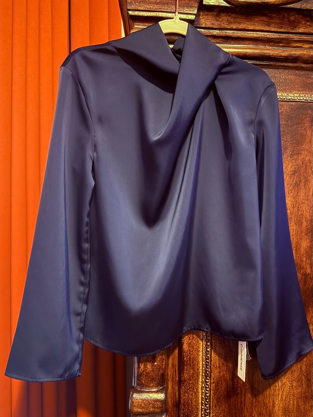 Commense Navy Satin Draped Neck Long-Sleeve Blouse